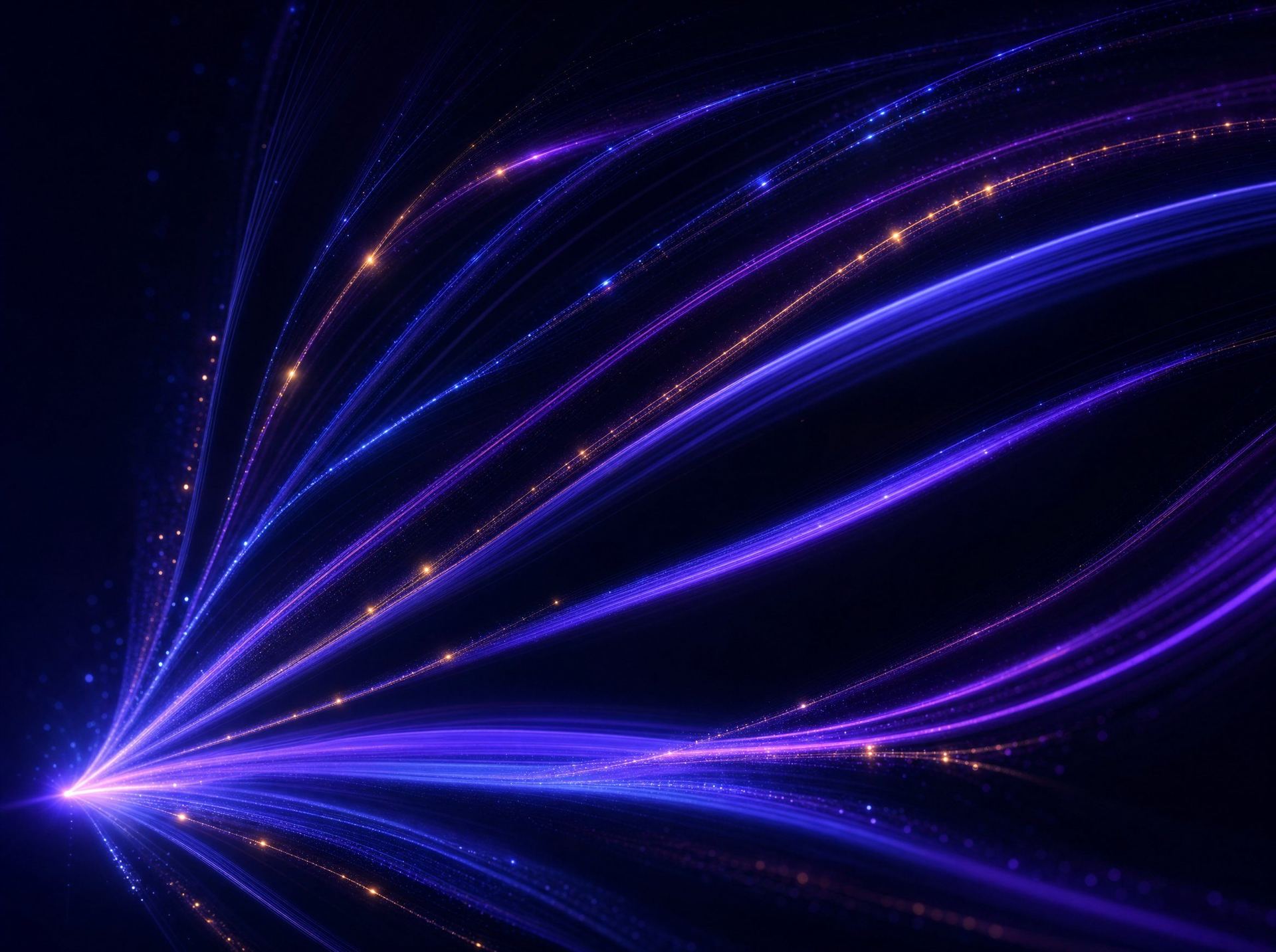 Arte abstrata de feixes de luz que partem de um ponto e se distribuem em trajetórias de espessuras diferentes, representando a alocação de verba entre canais