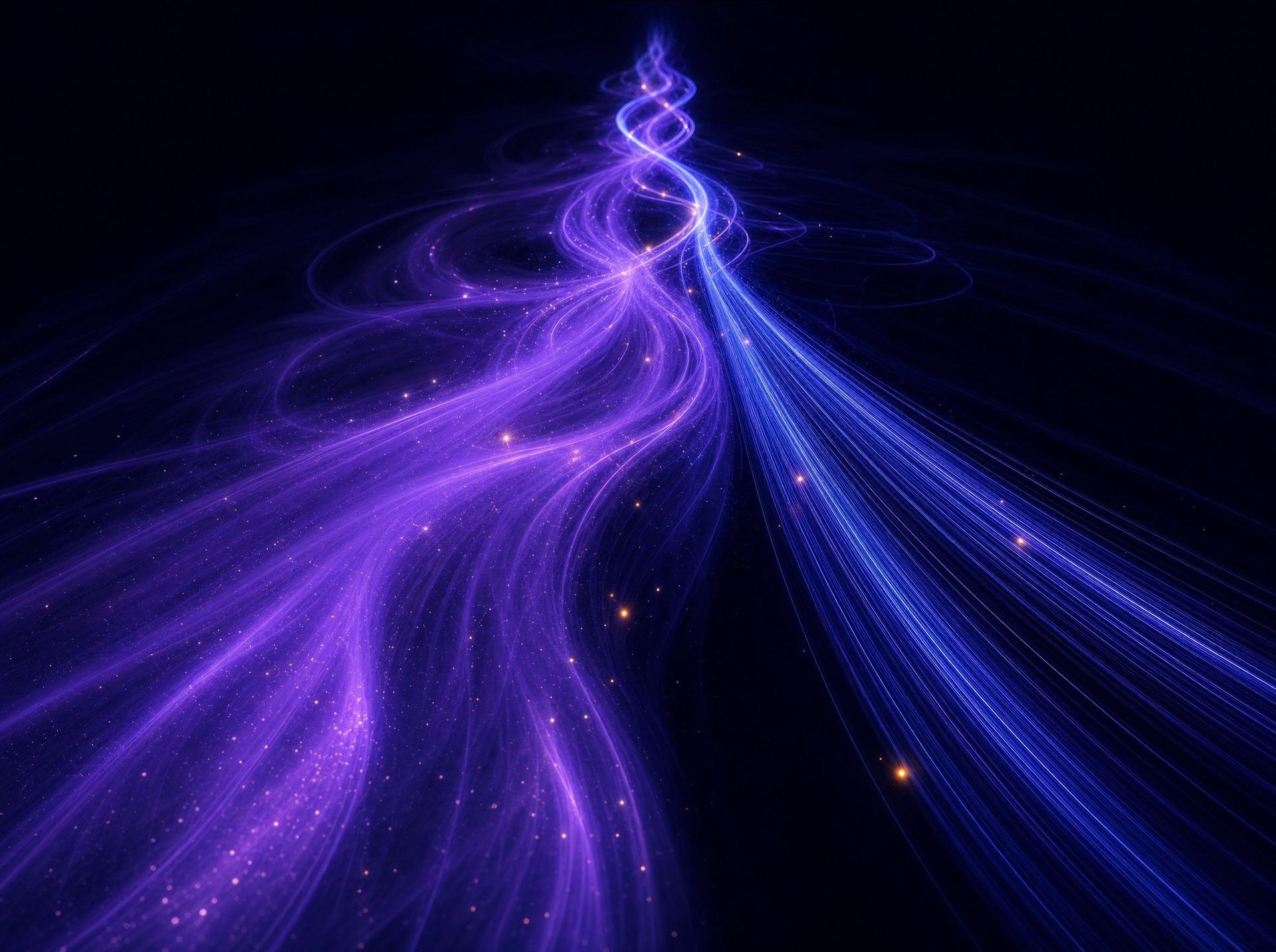 Arte abstrata de duas correntes de luz distintas que se entrelaçam, representando os papéis complementares de Meta Ads e Google Ads