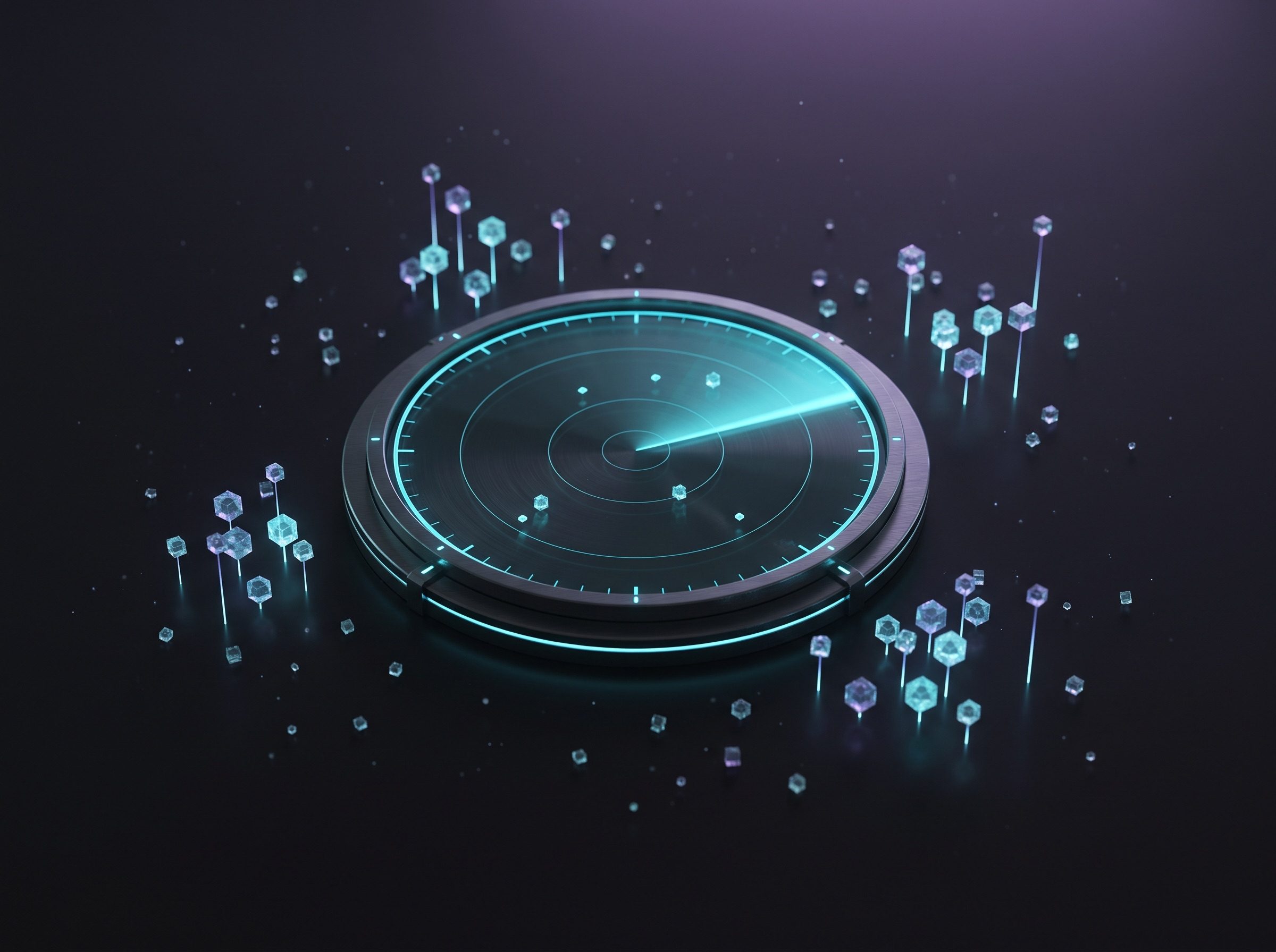 Painel de radar iluminado varrendo pontos de dados sobre uma superfície escura