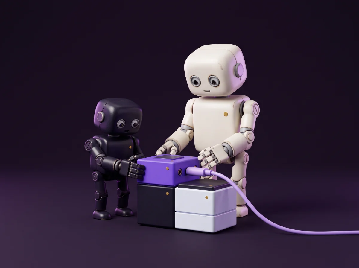 Dois robôs retrô, um claro e outro roxo, trabalham juntos conectando módulos de tecnologia.